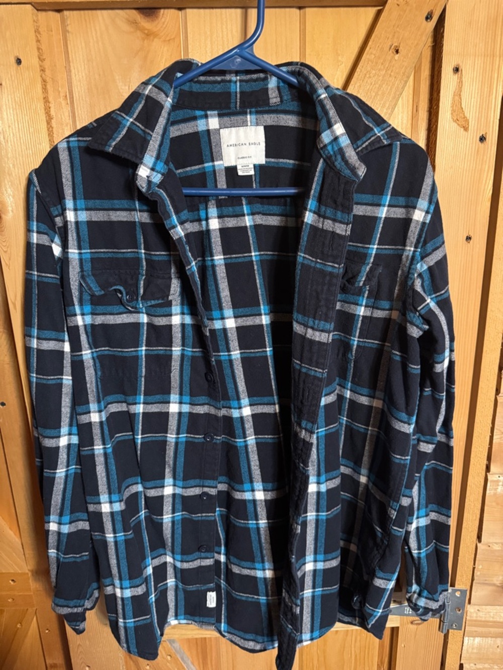 American Eagle Teal and Navy Plaid Flannel Shirt